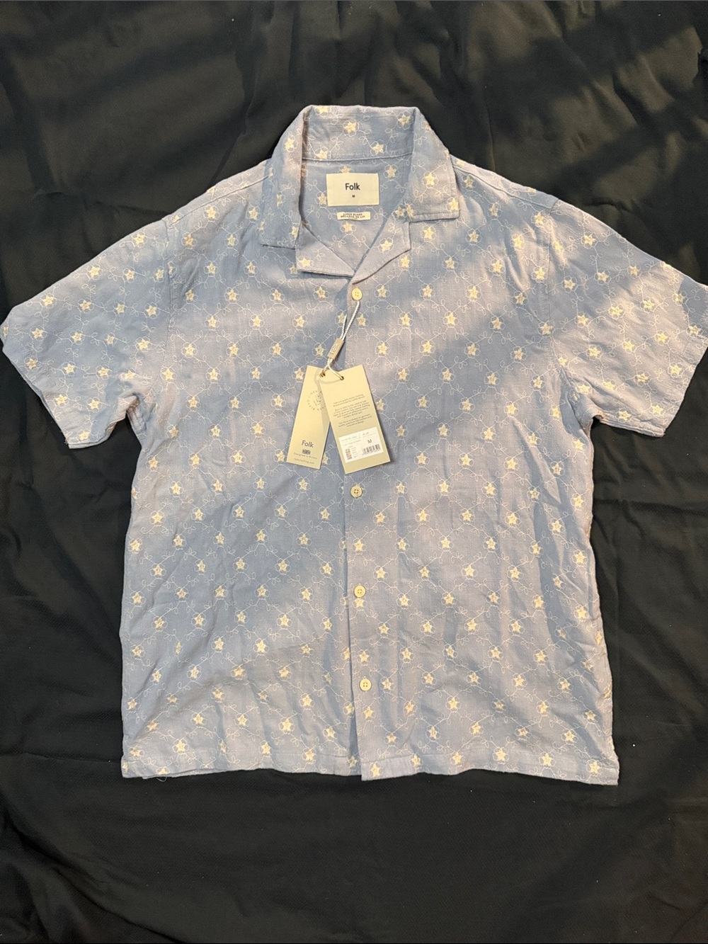 NWT Beautiful Folk Light Blue Short-Sleeve Button-Down w/Star Print Linen Blend